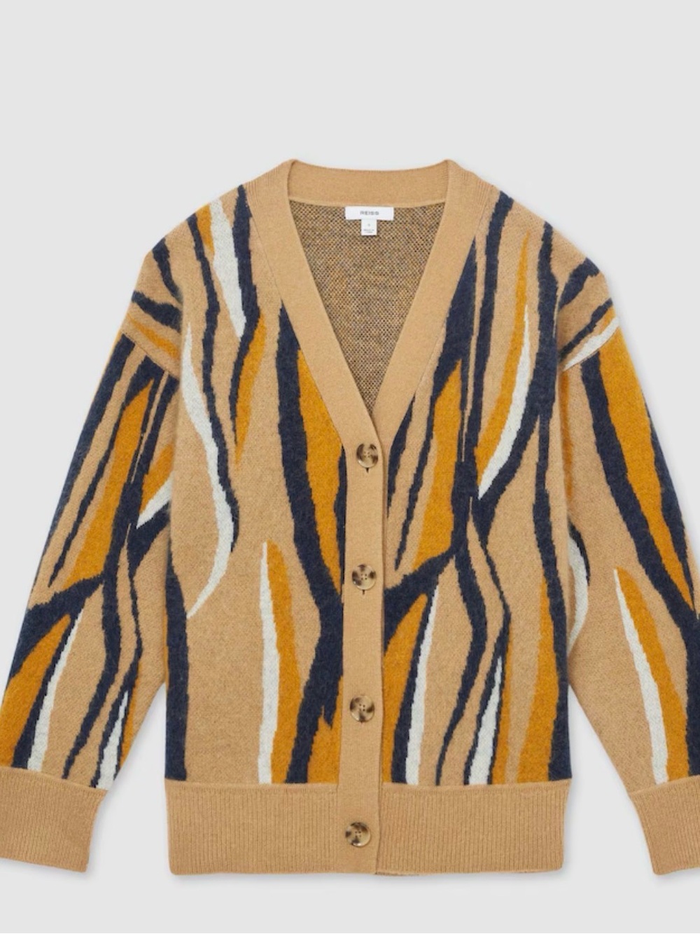 REISS
Serafina Wool Cashmere Intarsia Stripe Cardigan in Camel - Picture 4 of 14